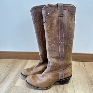 Women's Corral Vintage Cowboy Western Boots Leather 11 Brown Stitch Detail Teal